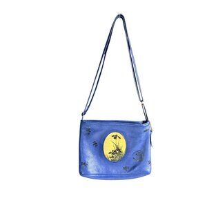 Pamela Bronk Women's Crossbody Purse Blue Leather Dragon Fly Flower Print Bag